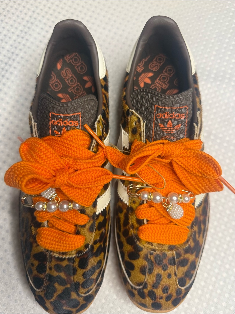 adidas Leopard Print Sneakers with Orange Laces and Pearl Charms - Picture 8 of 9